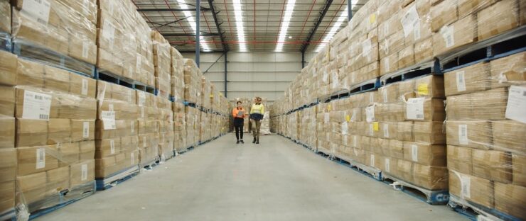 Two workers inspecting aisles of boxed goods in a large facility focused on wholesale distribution logistics